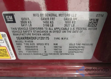 2015 Buick Enclave Leather z USA, uszkodzony, nr VIN 5GAKRBKD6FJ128175